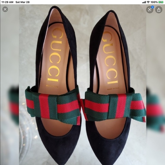 Gucci Shoes - 🔴 GUCCI BLACK SUEDE FLAT WITH GREEN & ELASTIC BOW